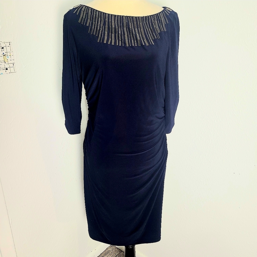 Adrianna Papell Navy Blue Dress, Ruching & Metallic Accents at Neckline, Sz 14